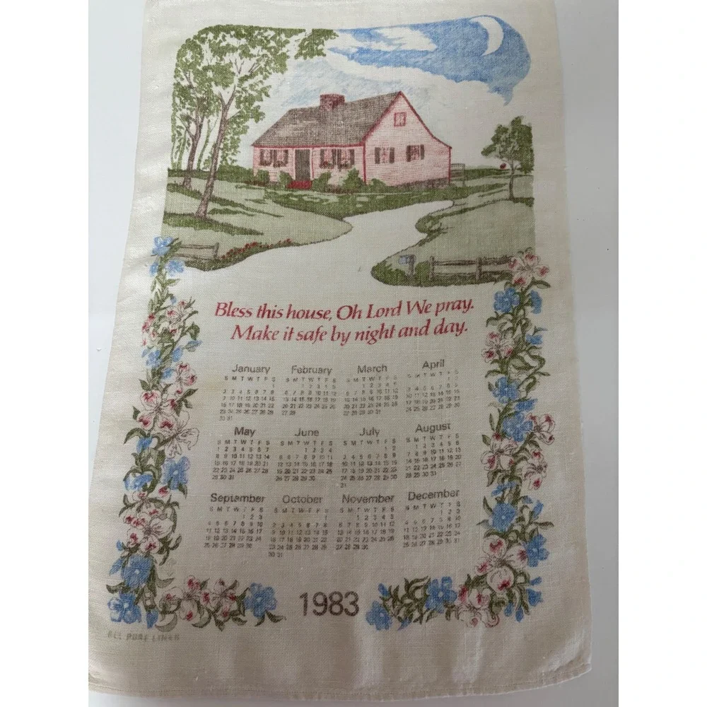 Vintage 183 Linen Calendar Tea Towel Floral Blue Red Mid Century Kitchen Decor